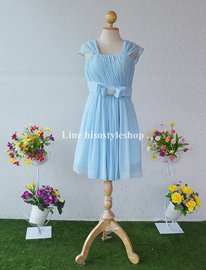 พร้อมส่ง Size L ชุดราตรีสั้น **สามารถใส่ได้7แบบ** ผ้าชีฟอง แต่งโบว์เข็มกลัดหัวใจที่เอว ซิปหลัง สำเนา