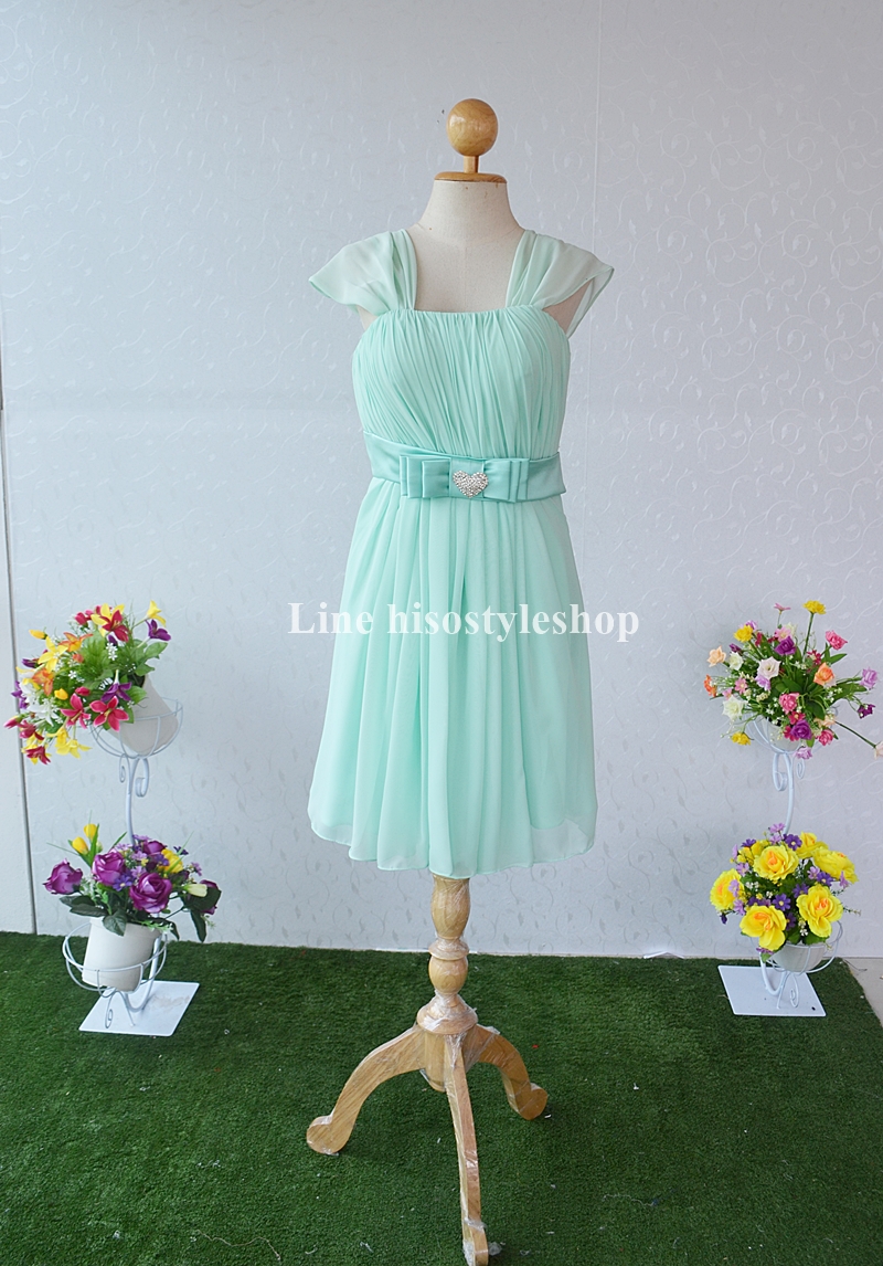 พร้อมส่ง Size L ชุดราตรีสั้น **สามารถใส่ได้7แบบ** ผ้าชีฟอง แต่งโบว์เข็มกลัดหัวใจที่เอว ซิปหลัง