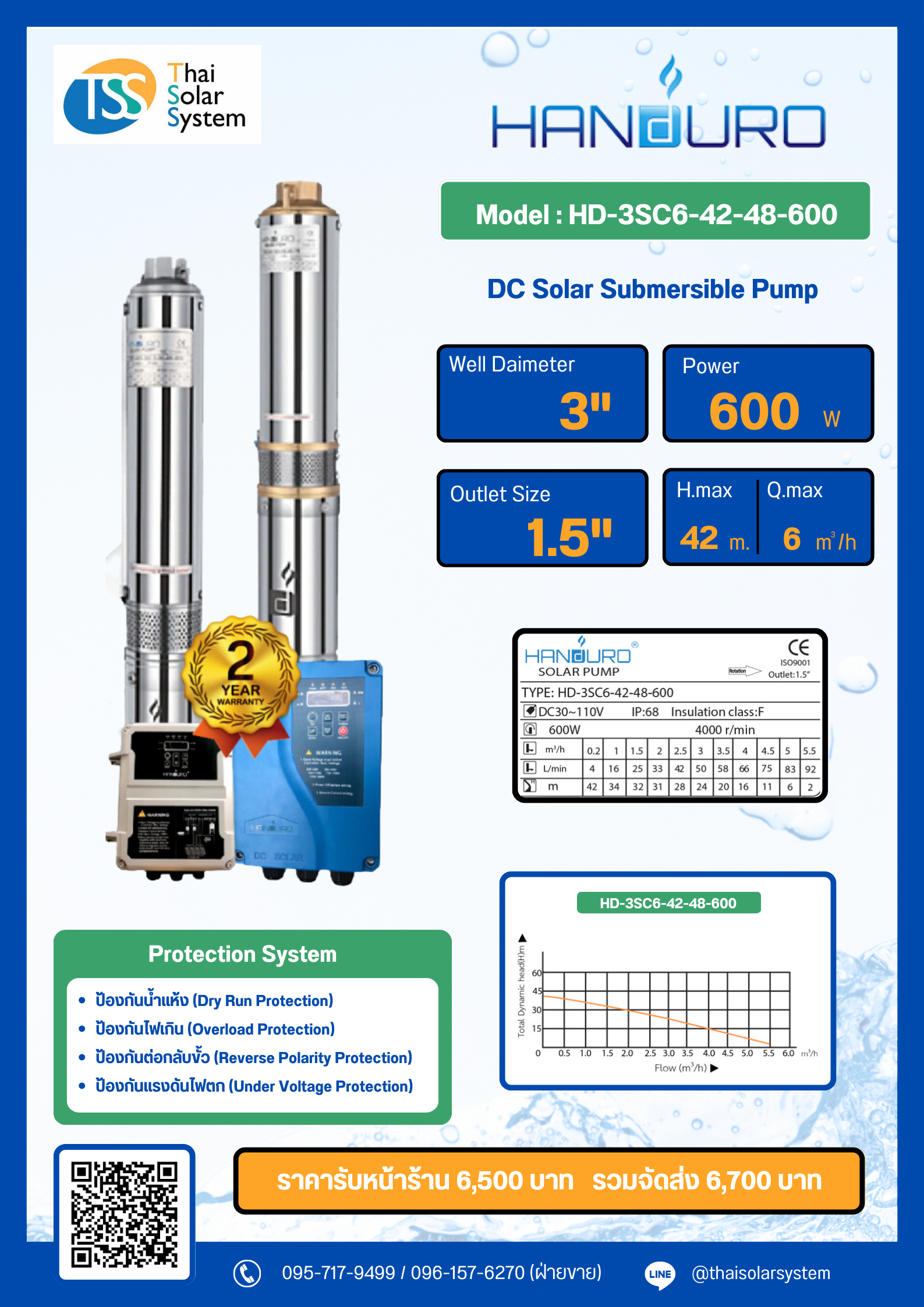 ปั๊มบาดาล DC ยี่ห้อ HANDURO ขนาด 600W