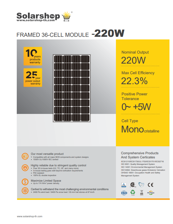 แผงโซล่าเซลล์ 220W Mono Solarshop