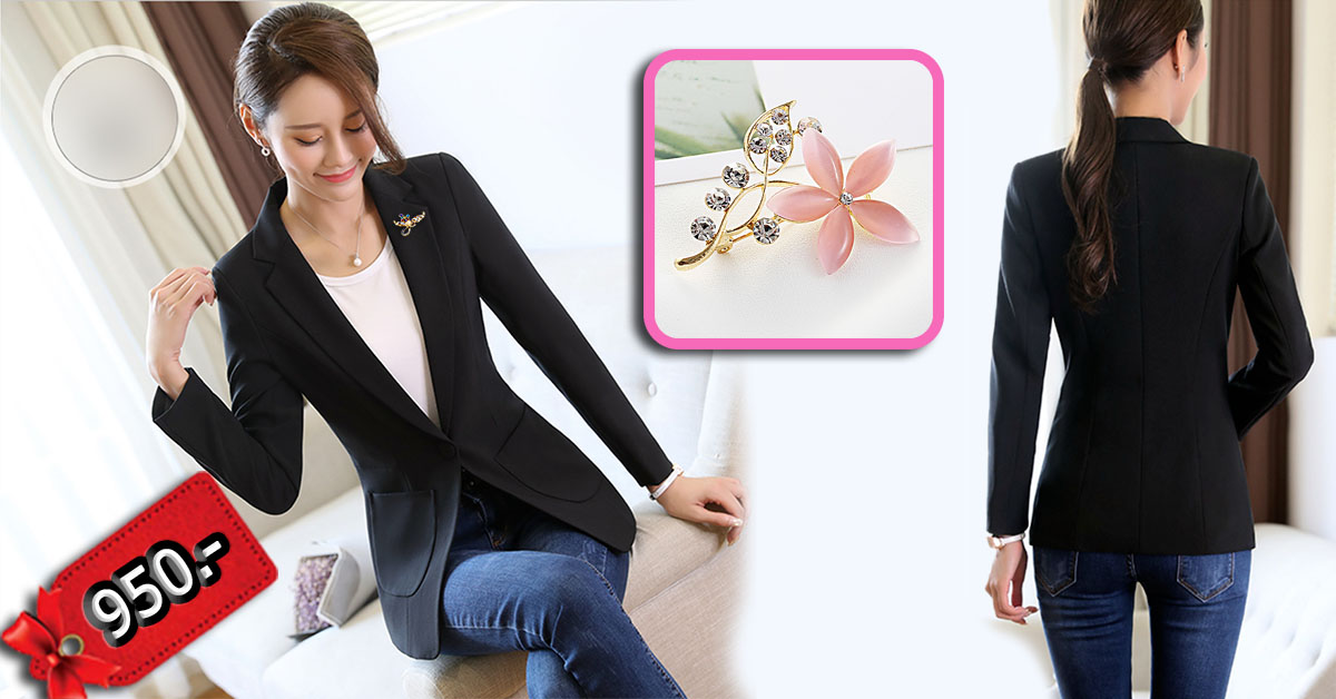 สูทผู้หญิง ผ้าฮานาโกะ มีน้ำหนัก กระเป๋าหน้า พร้อมส่ง สีดำ 3XL *แถมเข็มกลัด