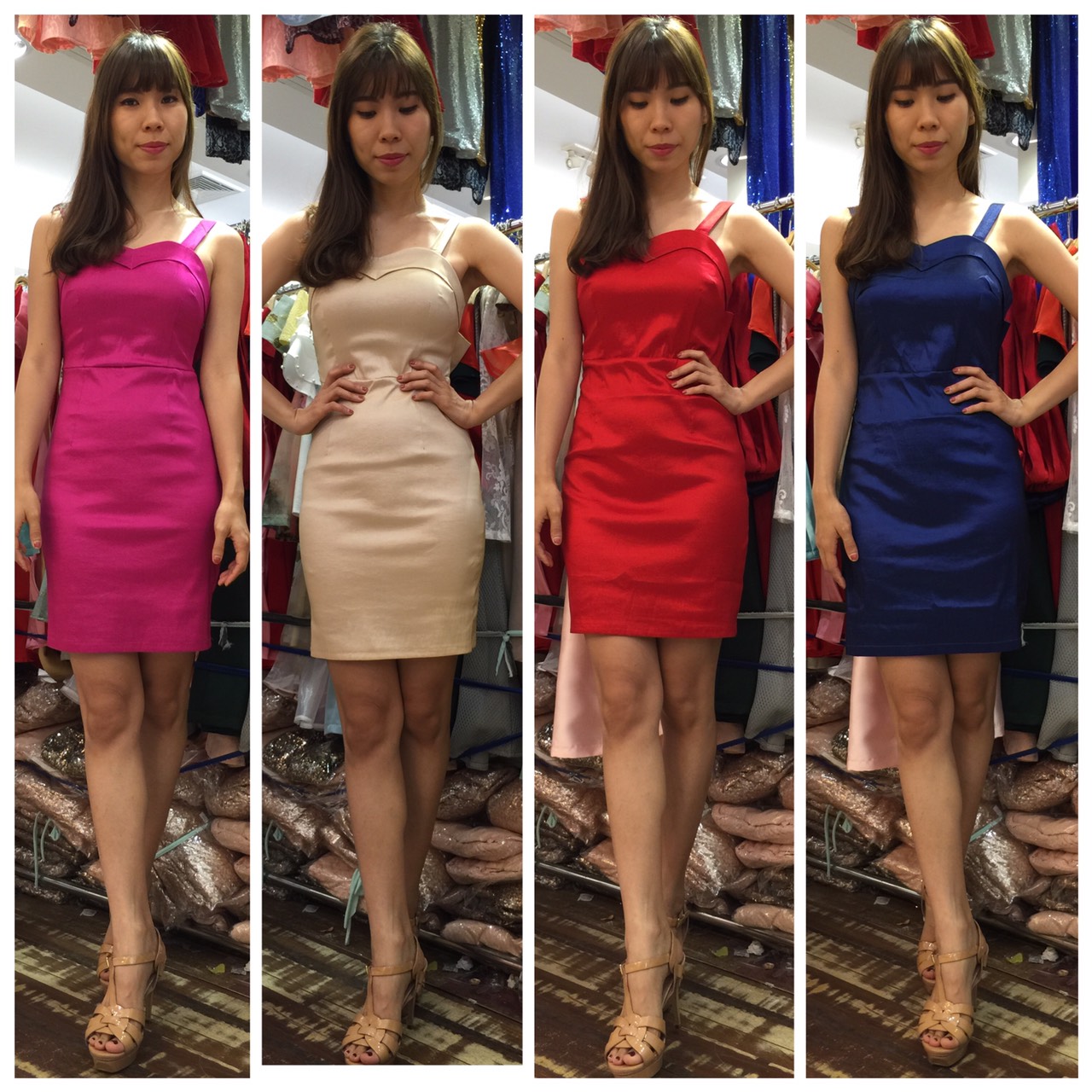 เดรสออกงาน สั้น สายเดี่ยว ผ้าไหมยืด แต่งโบว์ใหญ่กลางหลัง พร้อมส่ง M *สีน้ำเงิน*