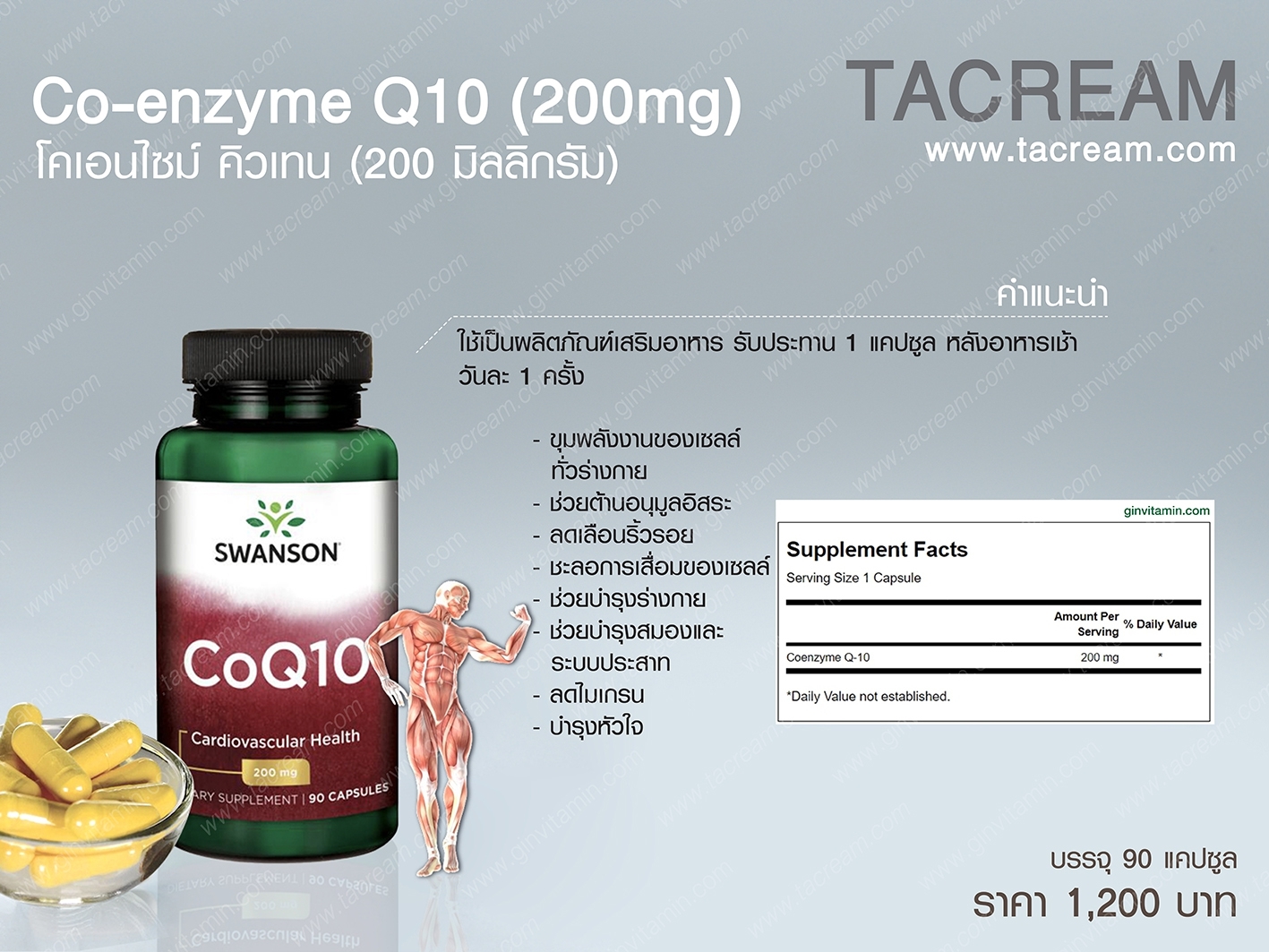 (S-15) Co-enzyme Q10 โคเอนไซม์ คิวเทน ขนาดสูง 200มก. (90เม็ด/ขวด)