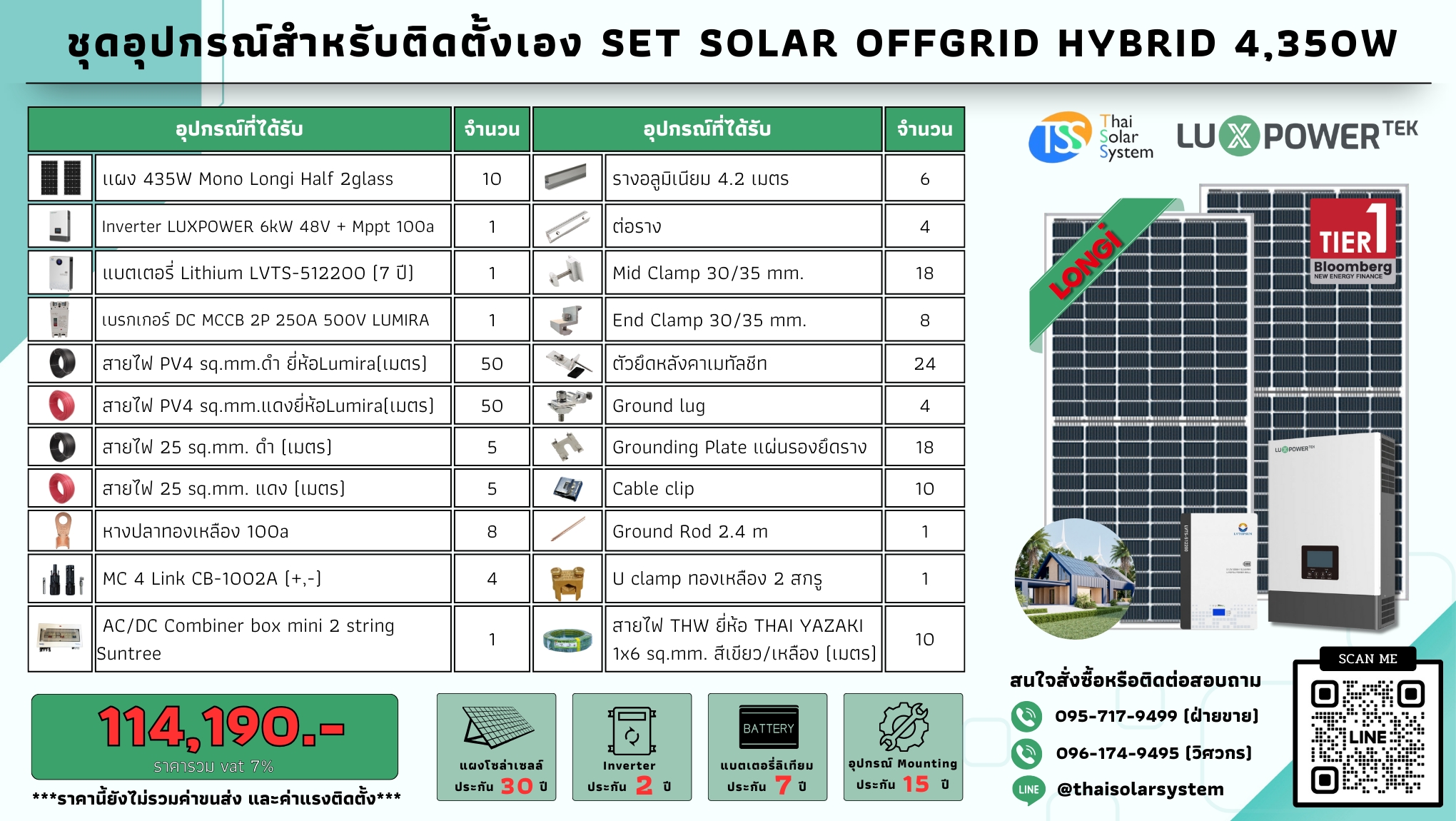 SET Hybrid Off LUXPOWER 6k แผง 4,350w แบตลิเทียม 200a 51.2v (สำหรับไปติดตั้งเอง)