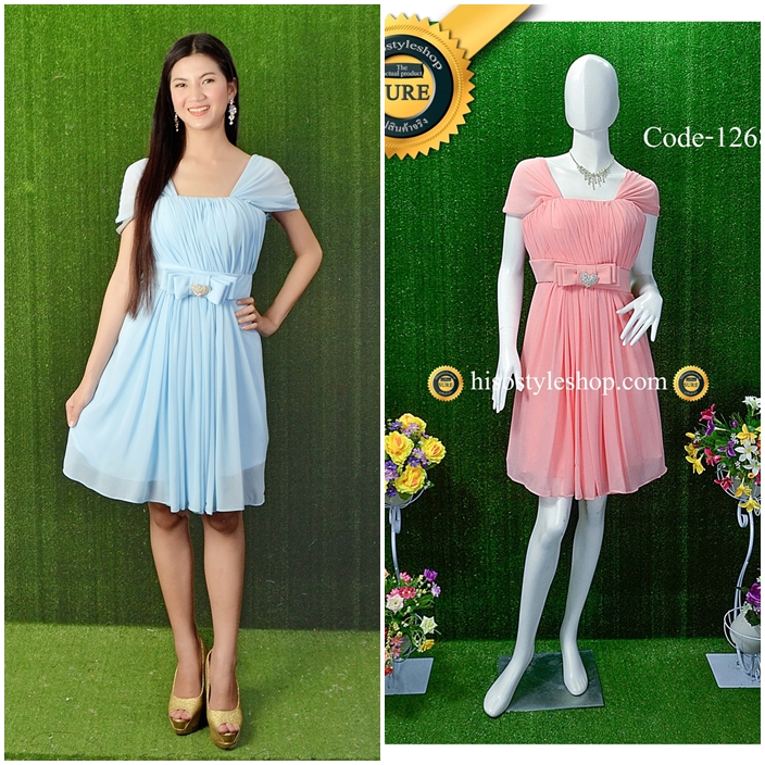 พร้อมส่ง Size 4XL ชุดราตรีสั้น **สามารถใส่ได้7แบบ** ผ้าชีฟอง แต่งโบว์เข็มกลัดหัวใจที่เอว ซิปหลัง สำเนา