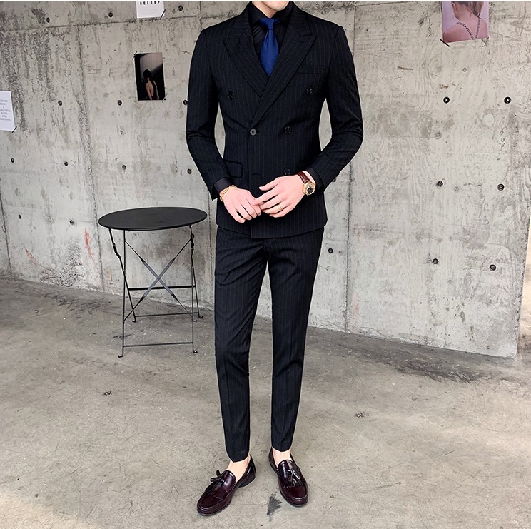 ชุดสูทชาย สีดำ ลายริ้ว รุ่น6กระดุม 3ชิ้น สูท+เสื้อกั๊ก+กางเกง พร้อมส่ง XL