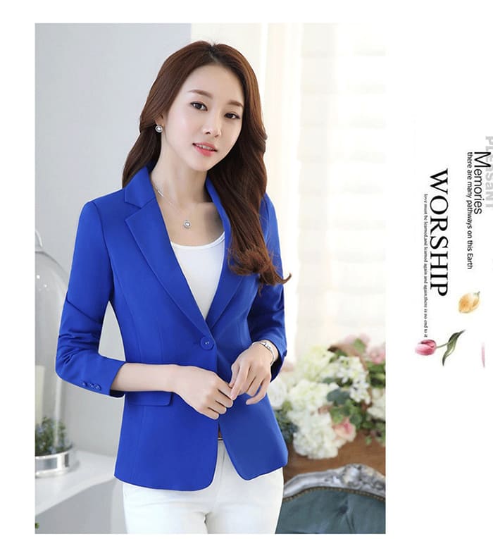 สูทผู้หญิง ผ้าฮานาโกะ มีน้ำหนัก กระเป๋าหน้า พร้อมส่ง สีน้ำเงิน 2XL *แถมเข็มกลัด