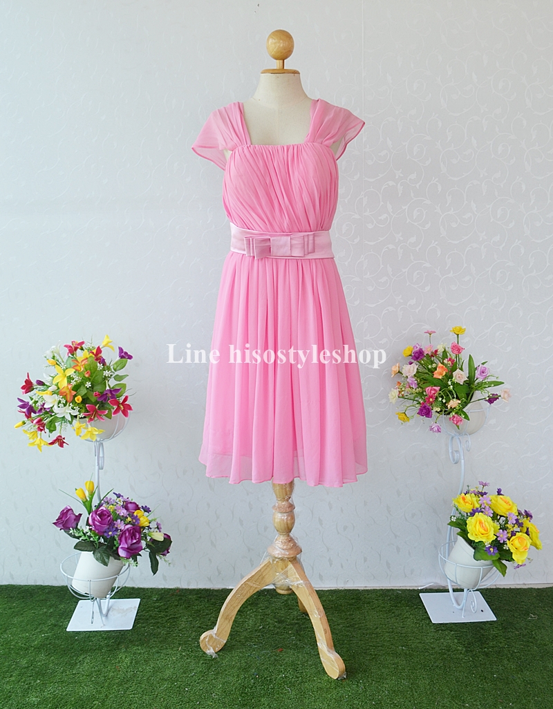 พร้อมส่ง Size 6XL ชุดราตรีสั้น **สามารถใส่ได้7แบบ** ผ้าชีฟอง แต่งโบว์เข็มกลัดหัวใจที่เอว ซิปหลัง