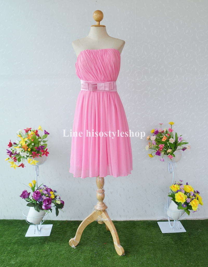 พร้อมส่ง Size 6XL ชุดราตรีสั้น **สามารถใส่ได้7แบบ** ผ้าชีฟอง แต่งโบว์เข็มกลัดหัวใจที่เอว ซิปหลัง