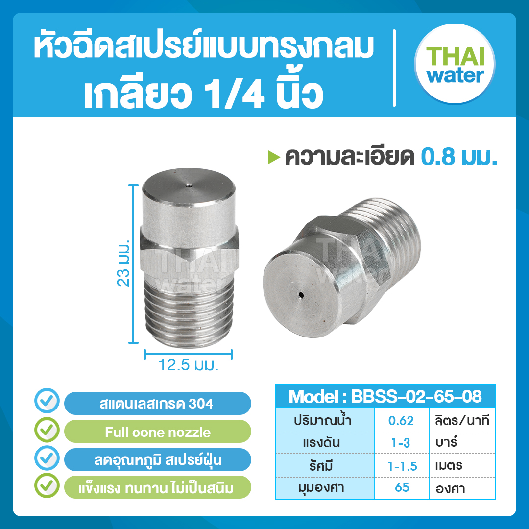 04-BBSS-02-6508 หัวฉีดสเปรย์แบบทรงกลม สแตนเลส เกรด 304 เกลียว 1/4 '' 0.8 มม. 65 องศา Full cone nozzle