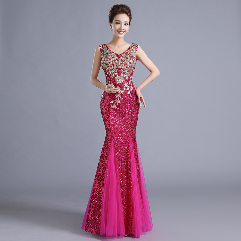 ชุดราตรียาว ทรงหางปลา ผ้าเลื่อม สีชมพูบานเย็น **พร้อมส่ง M** ซิปหลัง