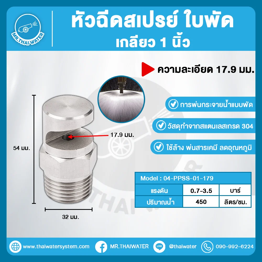 04-PPSS-01-179 หัวฉีดสเปรย์ใบพัด สแตนเลส 304 เกลียว 1 นิ้ว ละเอียด 17.9 มม.