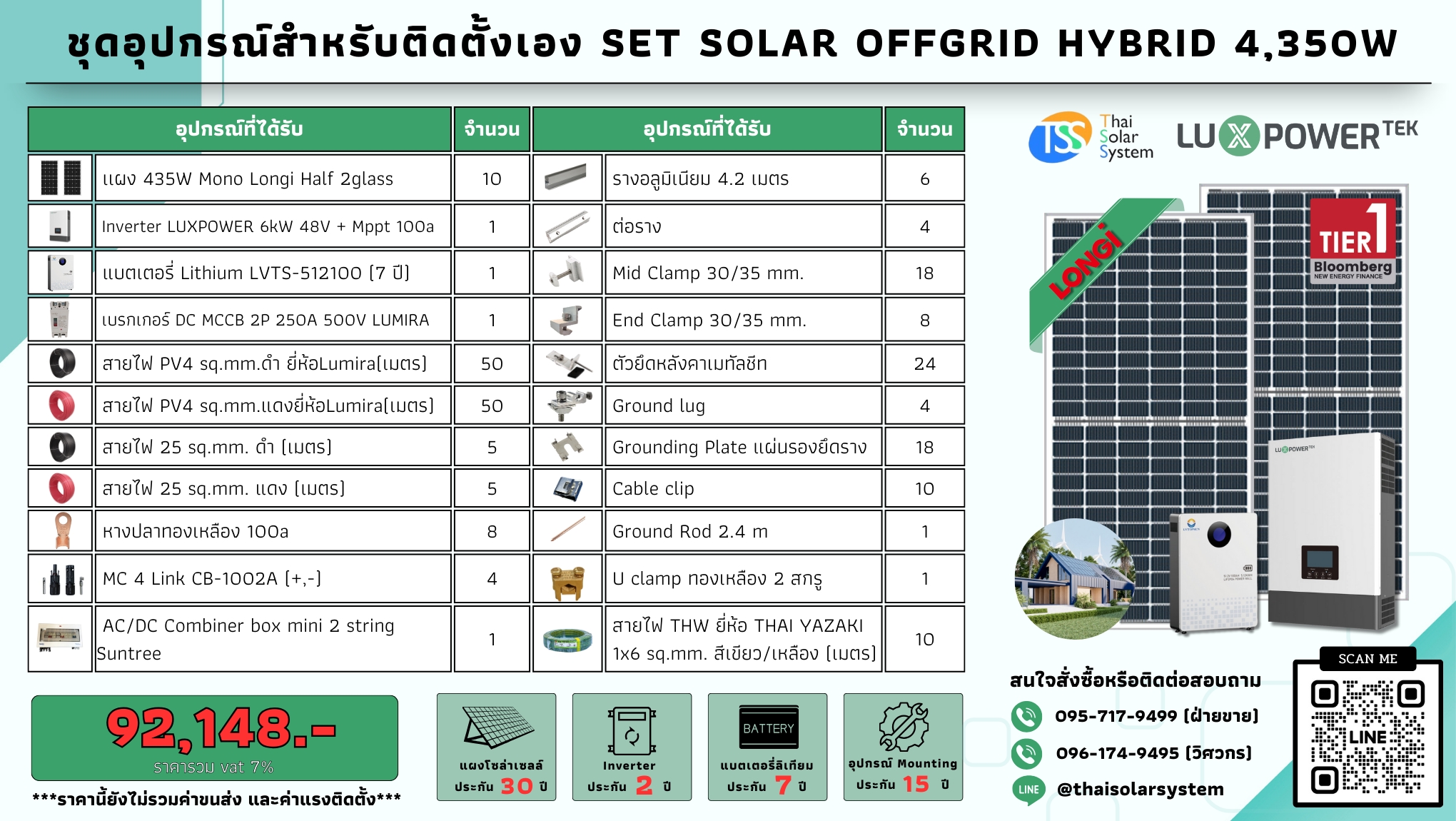 SET Hybrid Off LUXPOWER 6k แผง 4,350w แบตลิเทียม 100a 51.2v (สำหรับไปติดตั้งเอง)