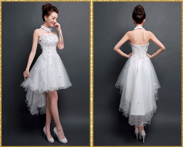 ชุดราตรี หน้าสั้นหลังยาว เกาะอก สีขาว พร้อมส่ง M ผ้าลูกไม้ งานร้อยหลัง