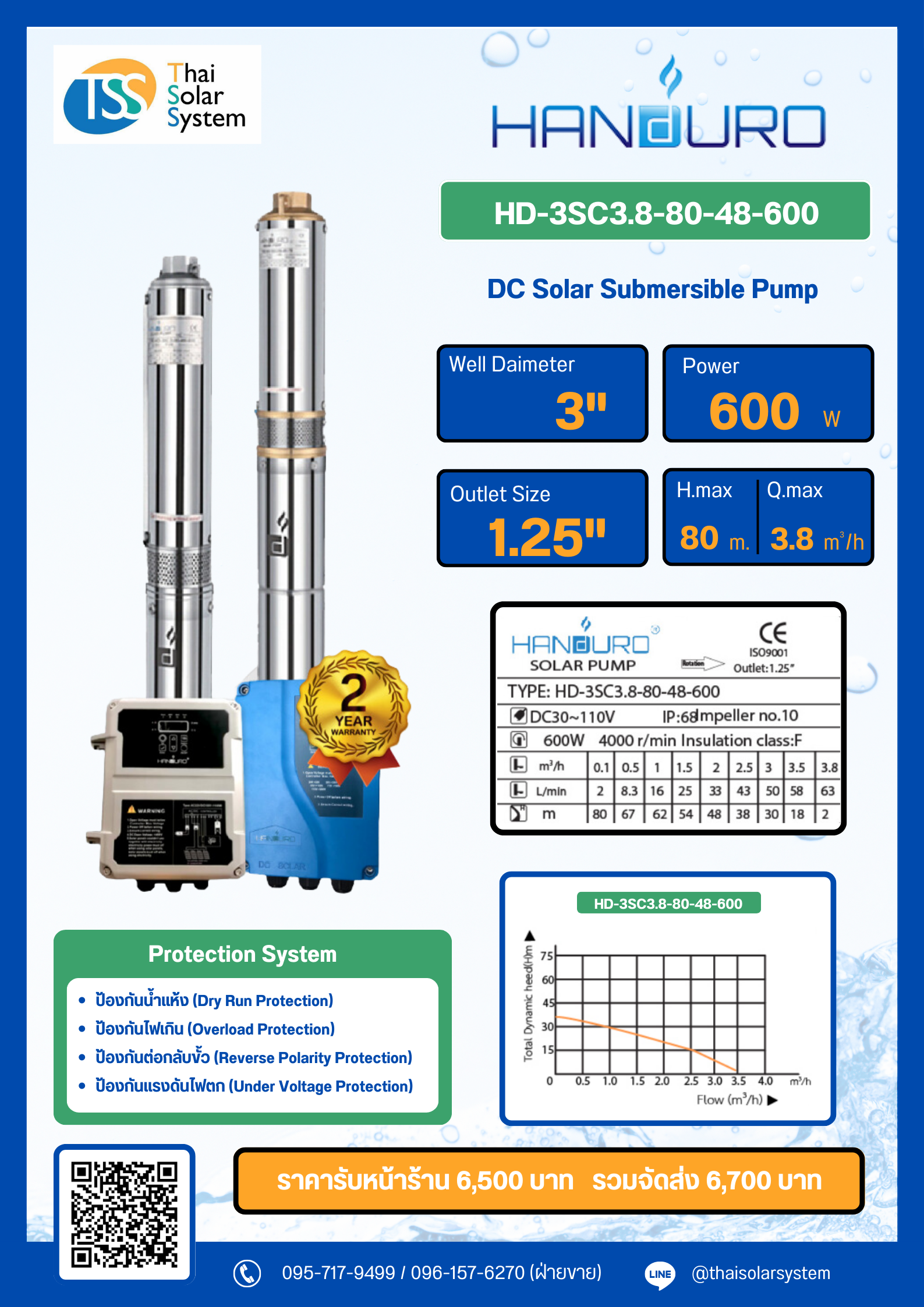 ปั๊มบาดาล DC ยี่ห้อ HANDURO ขนาด 600W