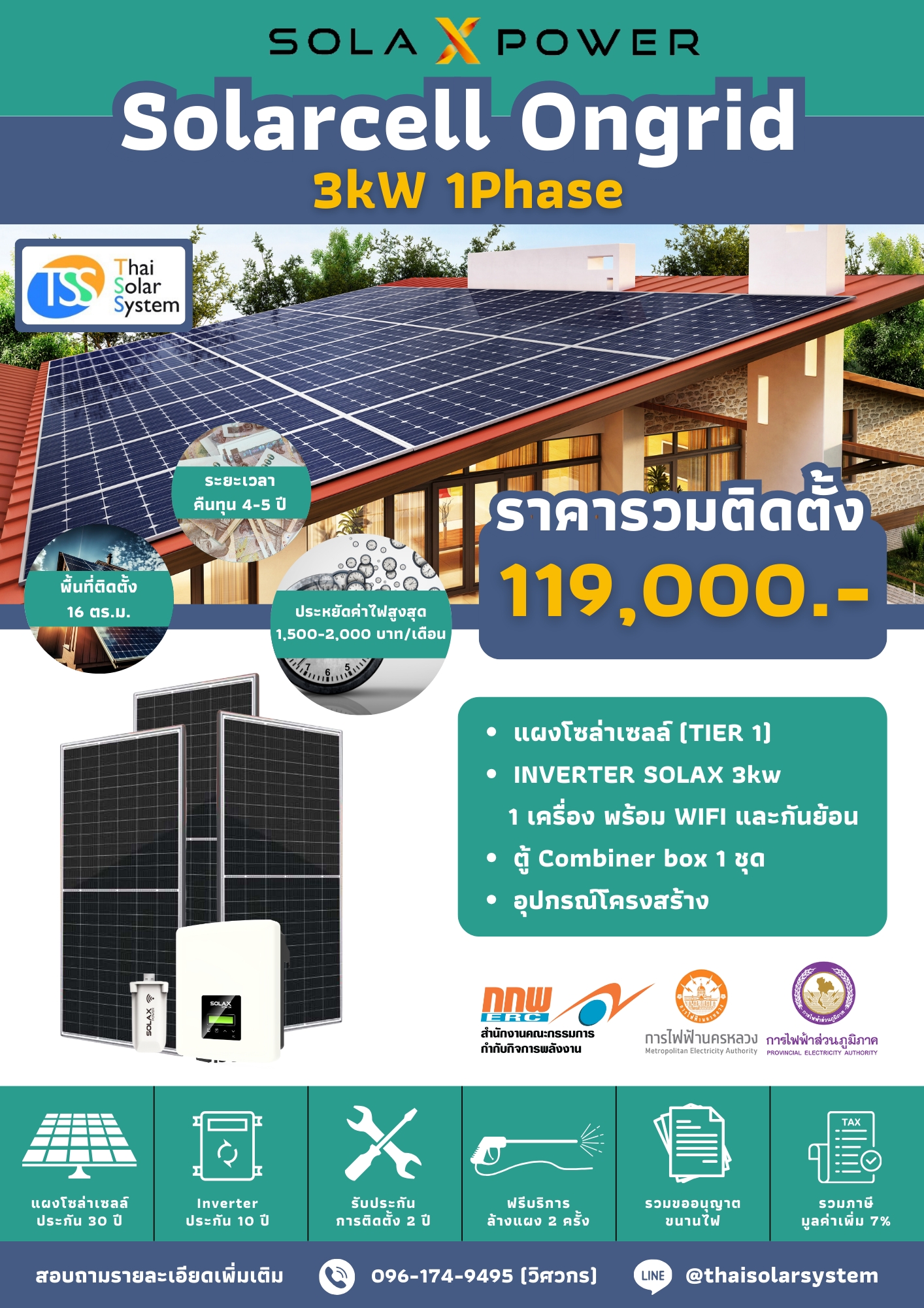 ชุด Ongrid Solax 3K 1 phase พร้อมติดตั้ง(รับประกันอินเวอร์เตอร์ 10 ปี)