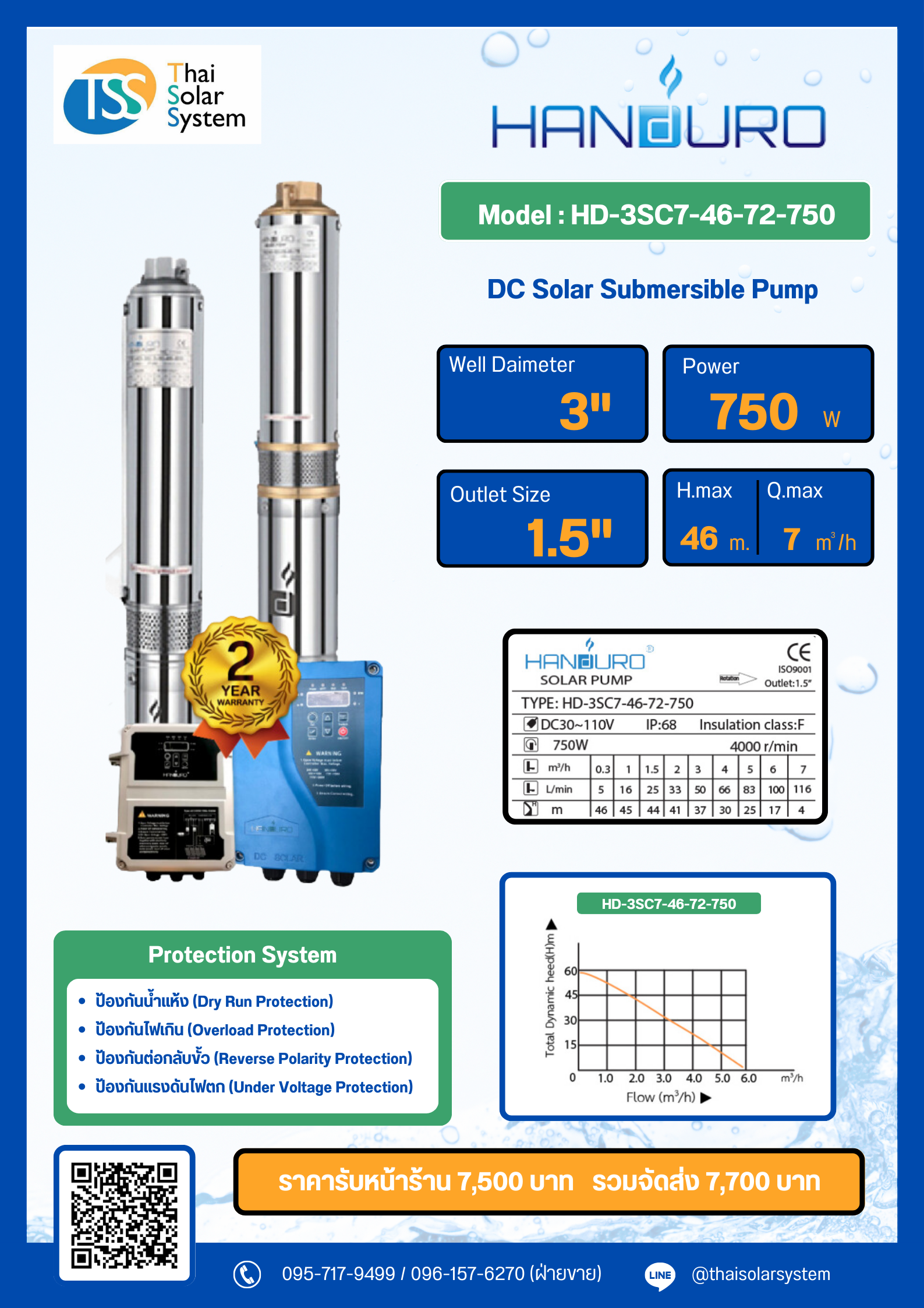 ปั๊มบาดาล DC ยี่ห้อ HANDURO ขนาด 750W