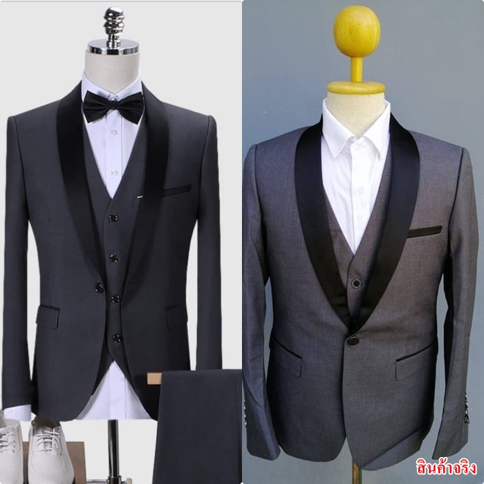 สูททักซิโด รุ่นปกดำ พร้อมส่ง L แดงไวน์,เทา,แดง