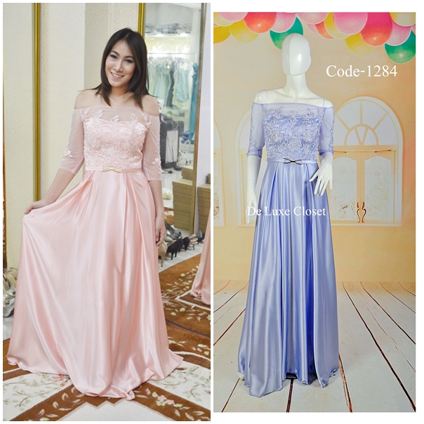พร้อมส่ง Size L ชุดราตรียาว ไหล่ปาด ซีทรู กระโปรงผ้าซาติน ดีไซด์เรียบหรู