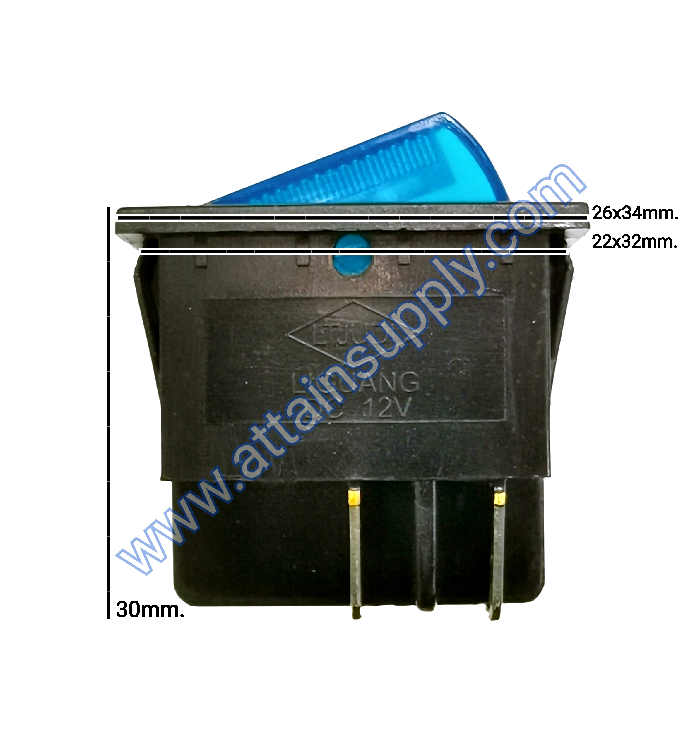 สวิทช์ ON-OFF เหลี่ยมใหญ่ 12V./4ขา มีไฟ-สีน้ำเงิน (แบบหนา)