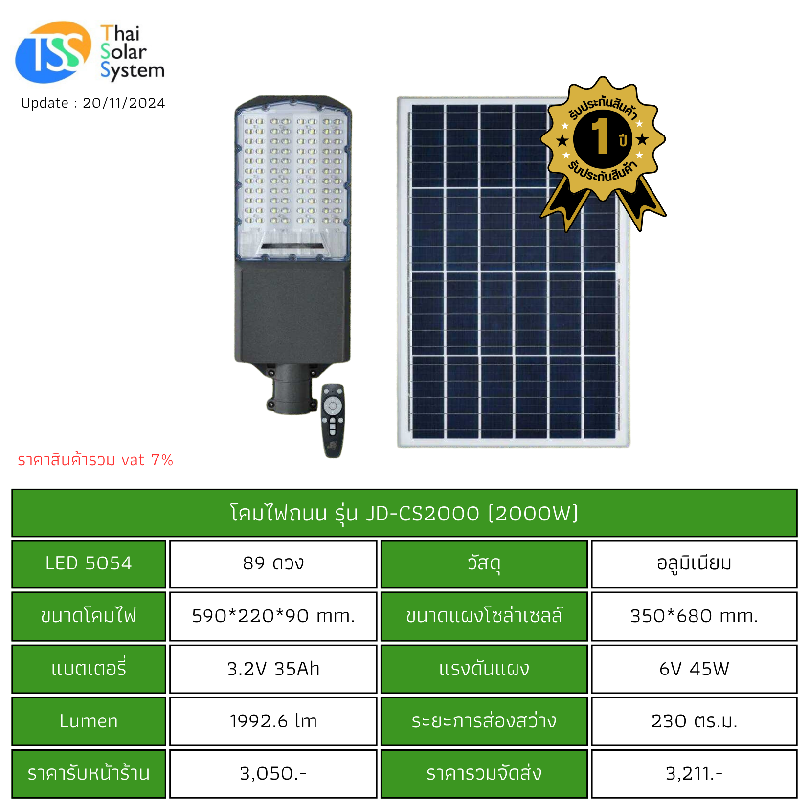 ชุดไฟถนนพร้อมแผง 2000w รุ่น JD-CS2000