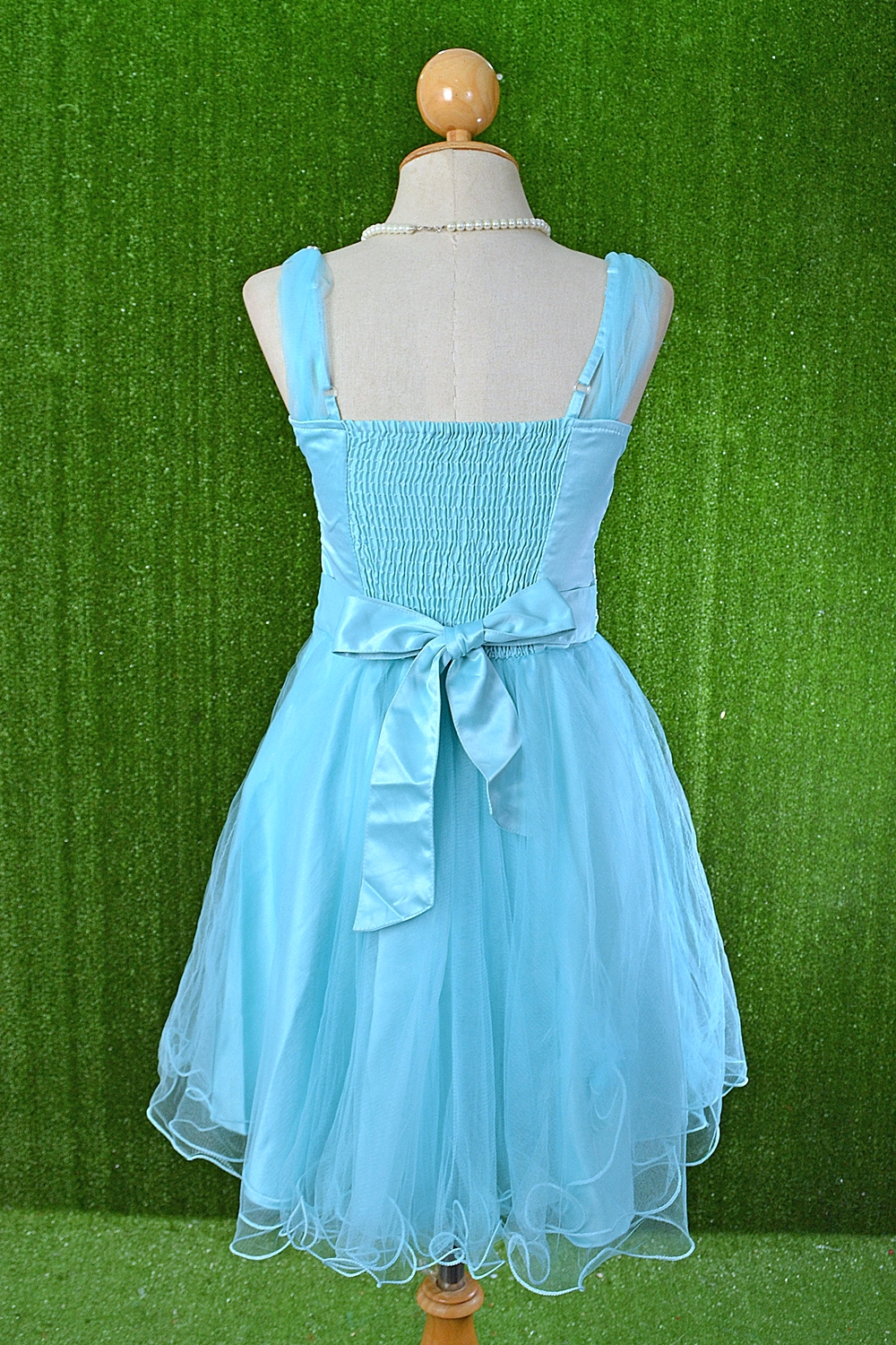 พร้อมส่ง S-2XL ชุดราตรีสั้น "สีฟ้า" ปักคริสตัลช่วงบน กระโปรงผ้าตาข่าย ซับในทั้งชุด