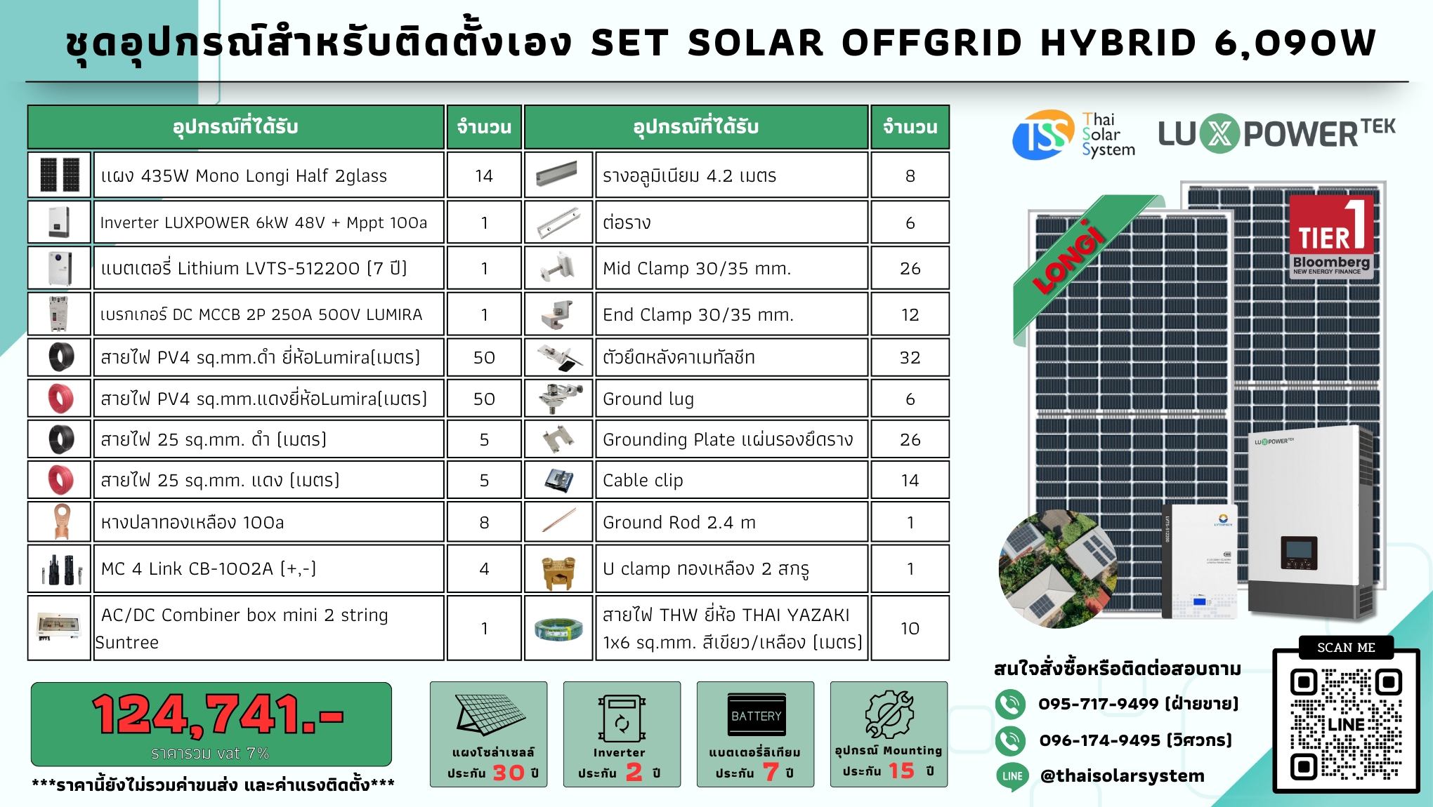 SET Hybrid Off LUXPOWER 6k แผง 6,090w แบตลิเทียม 200a 51.2v (สำหรับไปติดตั้งเอง)