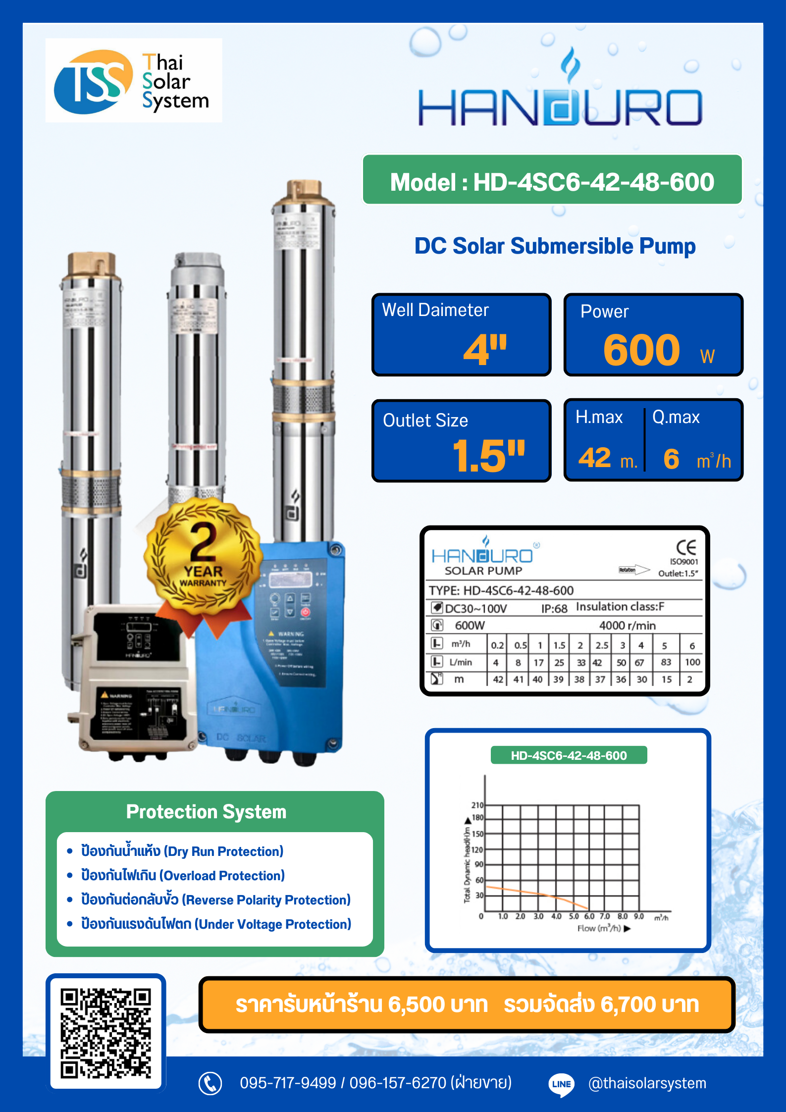 ปั๊มบาดาล DC ยี่ห้อ HANDURO ขนาด 600W