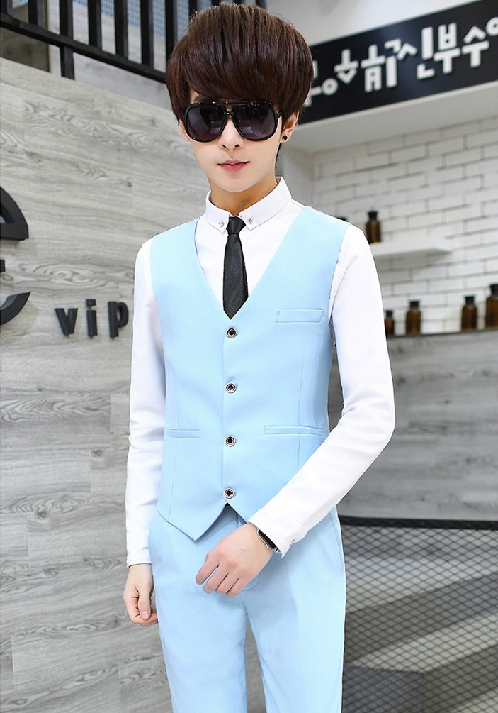 สูท,ชุดสูทเจ้าบ่าว,สูทผู้ชาย เกรดพรีเมี่ยม สีฟ้า+เสื้อกั๊ก พร้อมส่ง 2XL