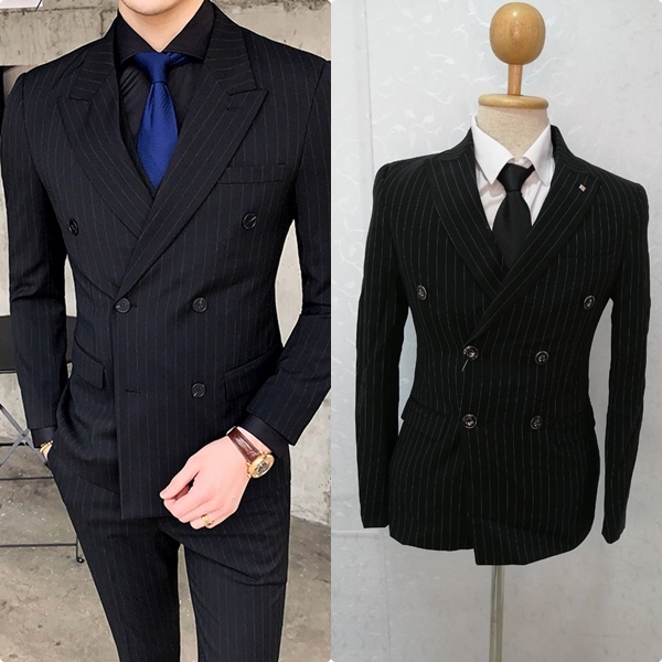 ชุดสูทชาย สีดำ ลายริ้ว รุ่น6กระดุม 3ชิ้น สูท+เสื้อกั๊ก+กางเกง พร้อมส่ง XL