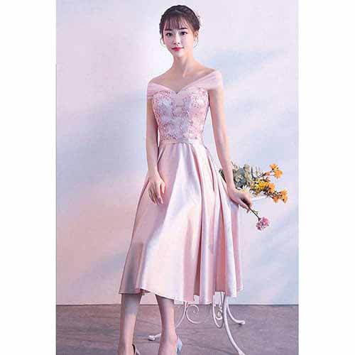 ชุดราตรีสั้น โอบไหล่ สีชมพูโอรส งานร้อยหลัง พร้อมส่ง L