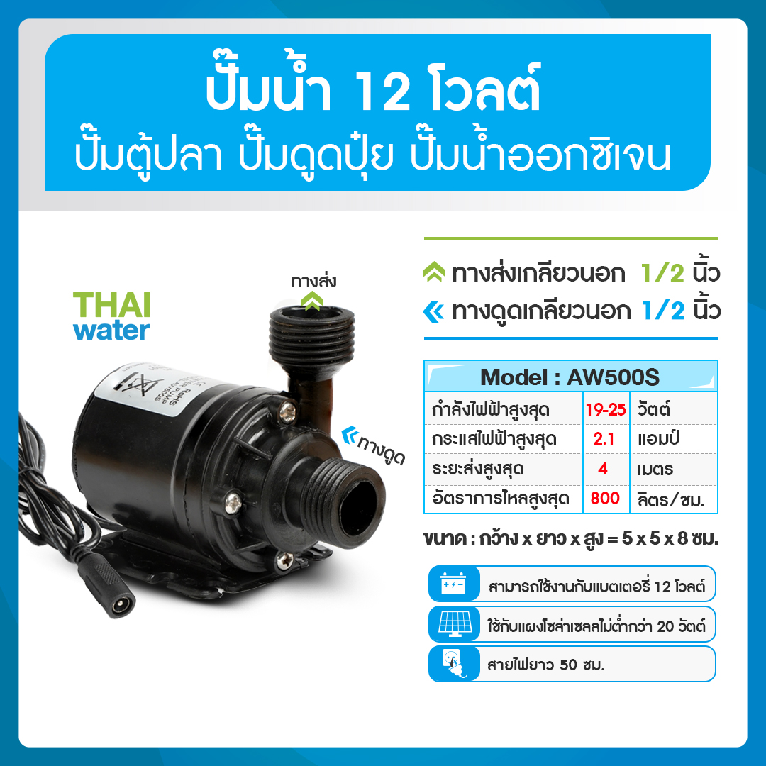 06-AW500S-12VDC-B ปั๊มจุ่ม ปั๊มน้ำตู้ปลา ปั๊มบ่อปลา ปั๊มน้ำพุ ปั๊มดูดปุ๋ย DC12V รุ่น AW500S TYPE B อัตรา 800 ลิตร/ชม.แบบเกลียวนอก 1/2" ปลายแจ็ค