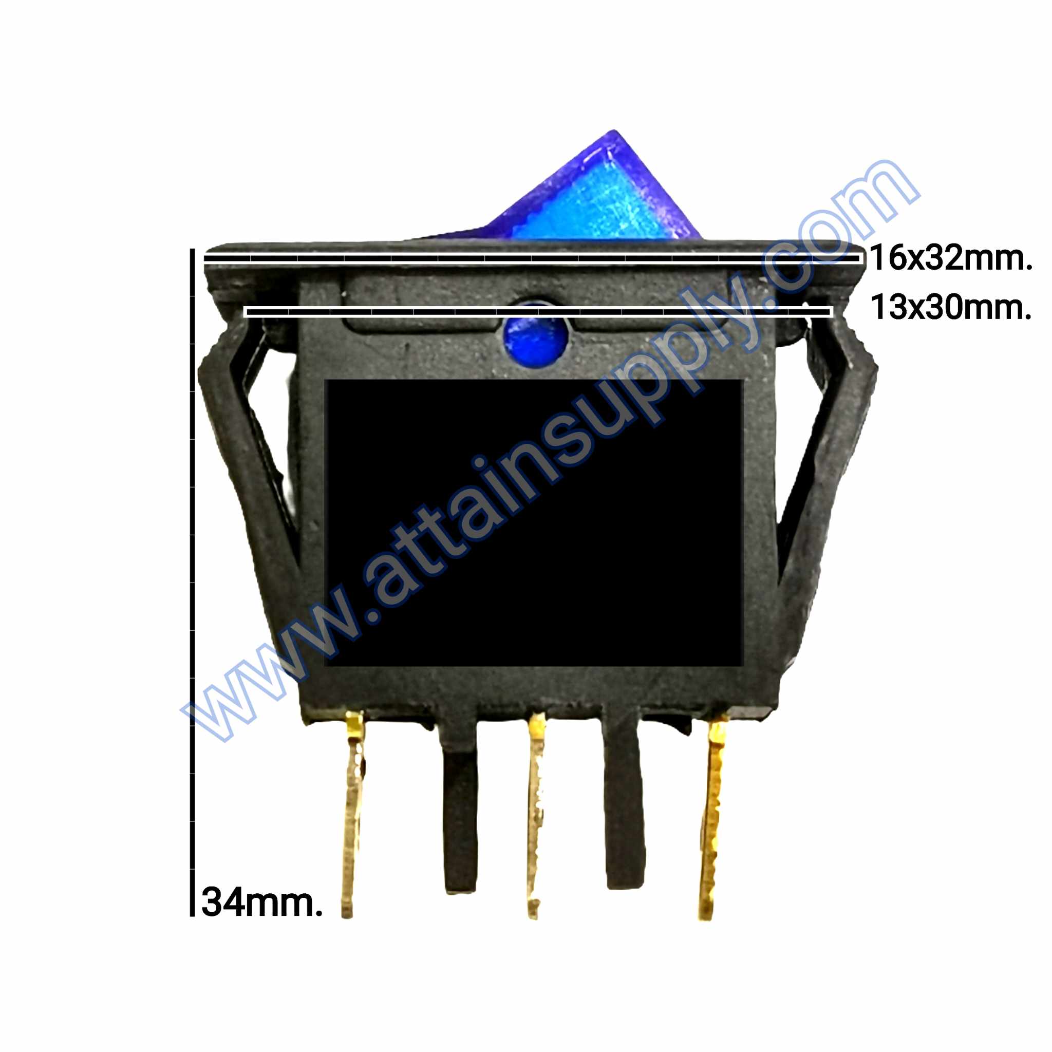 สวิทช์ ON-OFF เหลี่ยมบาง 220V./3ขา มีไฟ-สีน้ำเงิน (หน้ากระดกตัดเหลี่ยม)