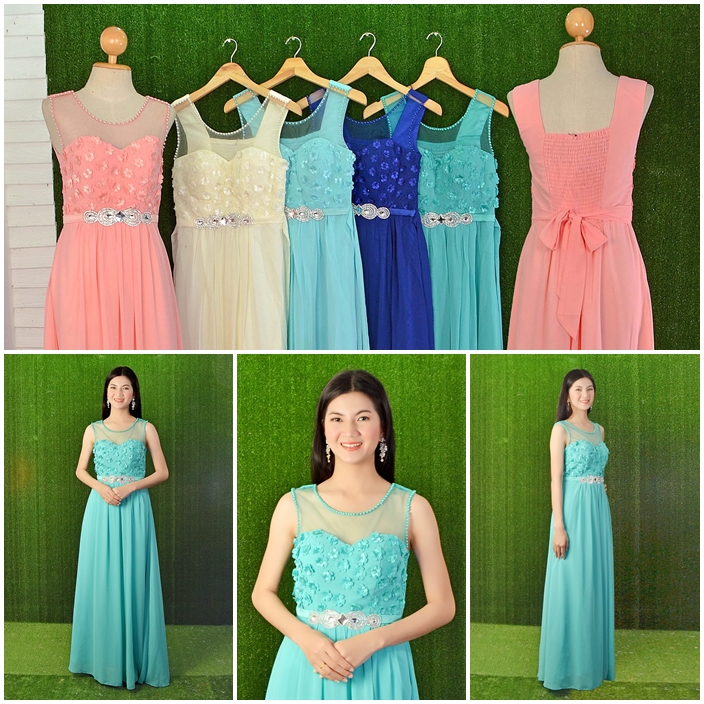 พร้อมส่ง S-3XL ชุดราตรียาว แขนกุด แต่งดอกไม้ช่วงอก ร้อยมุข ผูกโบว์หลัง