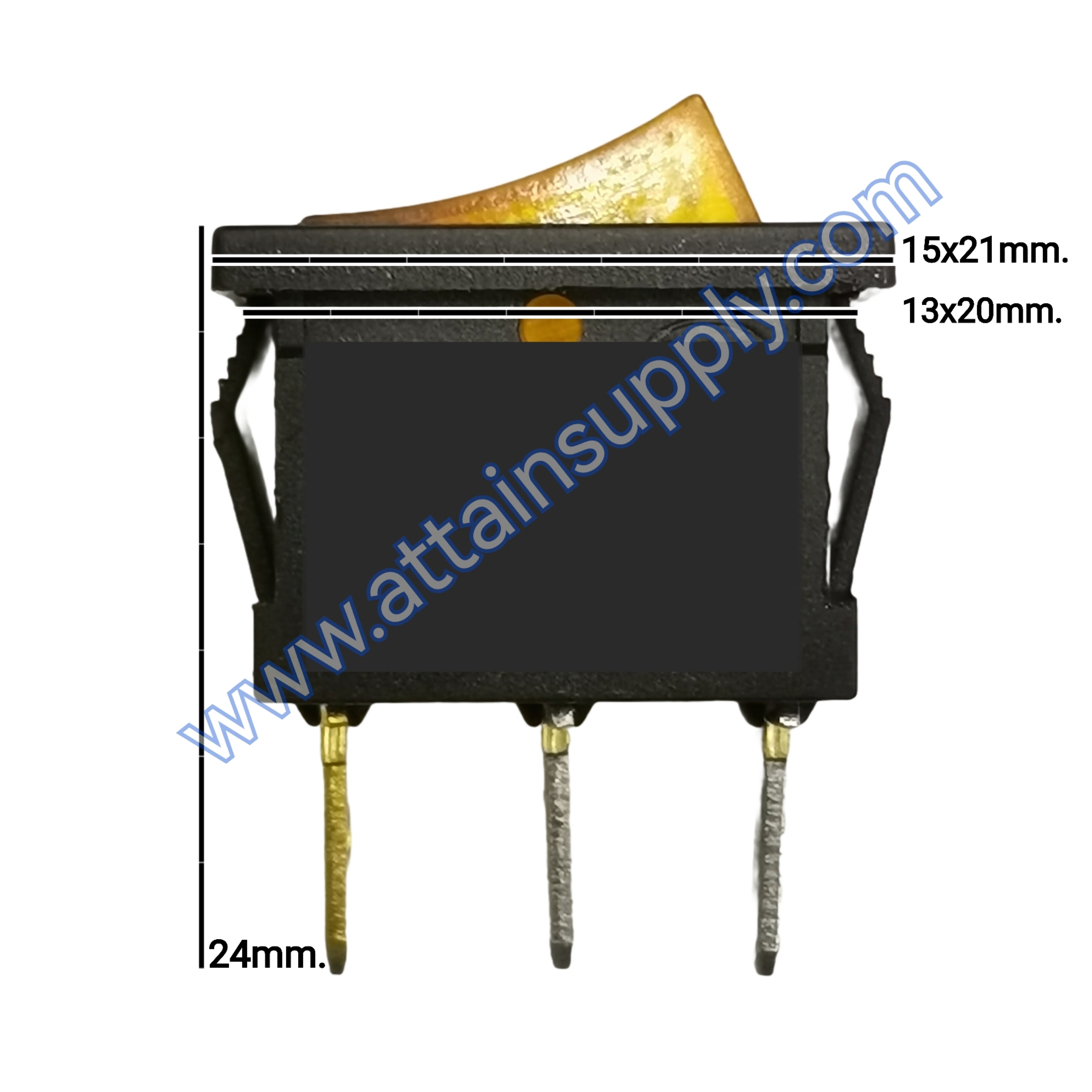 สวิทช์ IO เหลี่ยมเล็ก 12V./3ขา มีไฟ-สีเหลือง