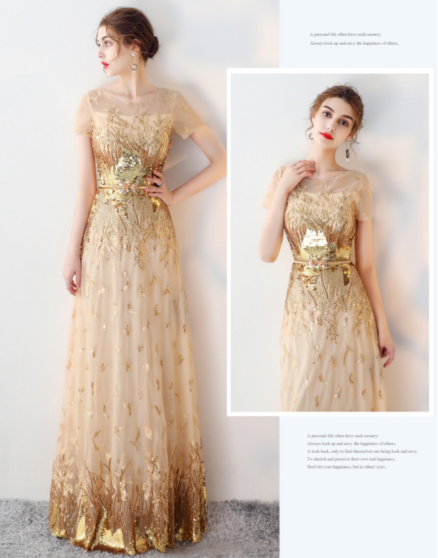 ชุดราตรียาว สีทอง แขนสั้น ซิปหลัง พร้อมส่ง 3XL *แถมเข็มขัด*