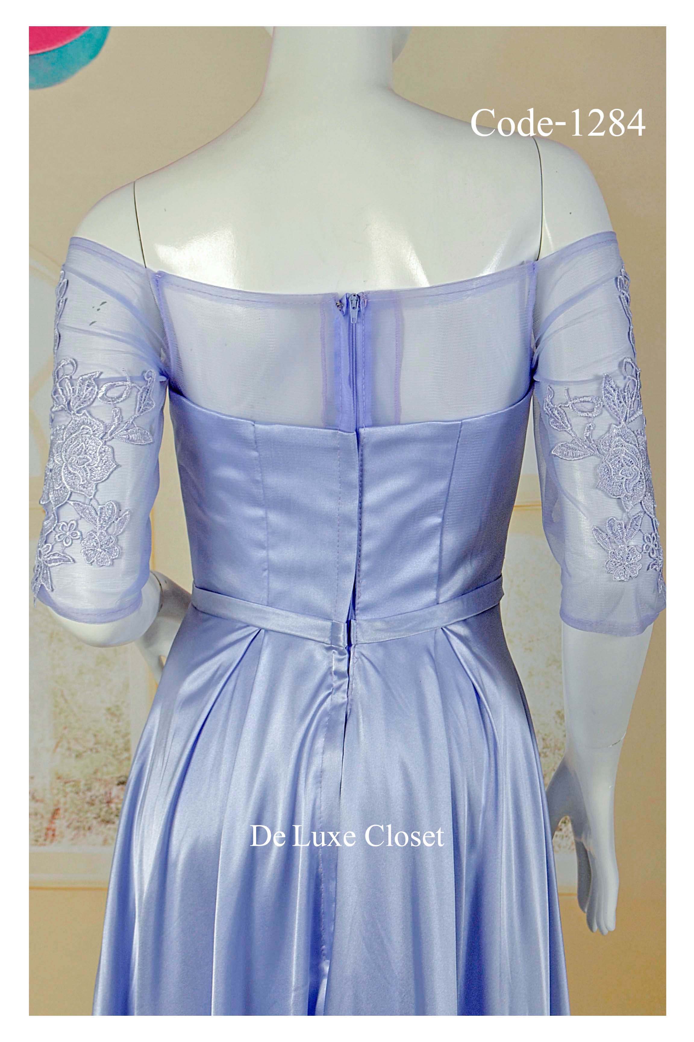 พร้อมส่ง Size XL ชุดราตรียาว ไหล่ปาด ซีทรู กระโปรงผ้าซาติน ดีไซด์เรียบหรู