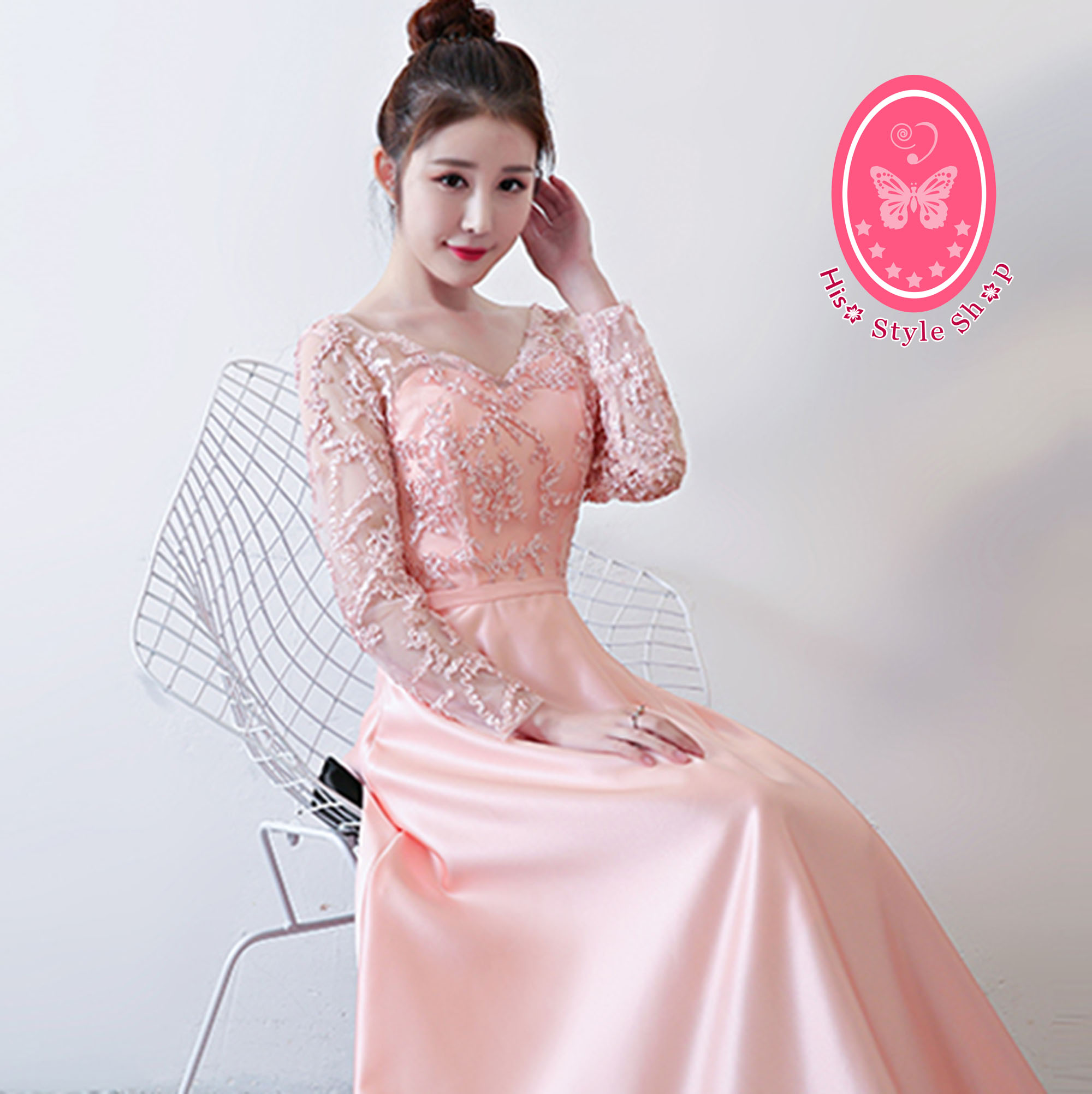 ชุดราตรียาว แขนยาว คอวี สีโอรส พร้อมส่ง 2XL กระโปรงผ้าซาติน ซิปหลัง