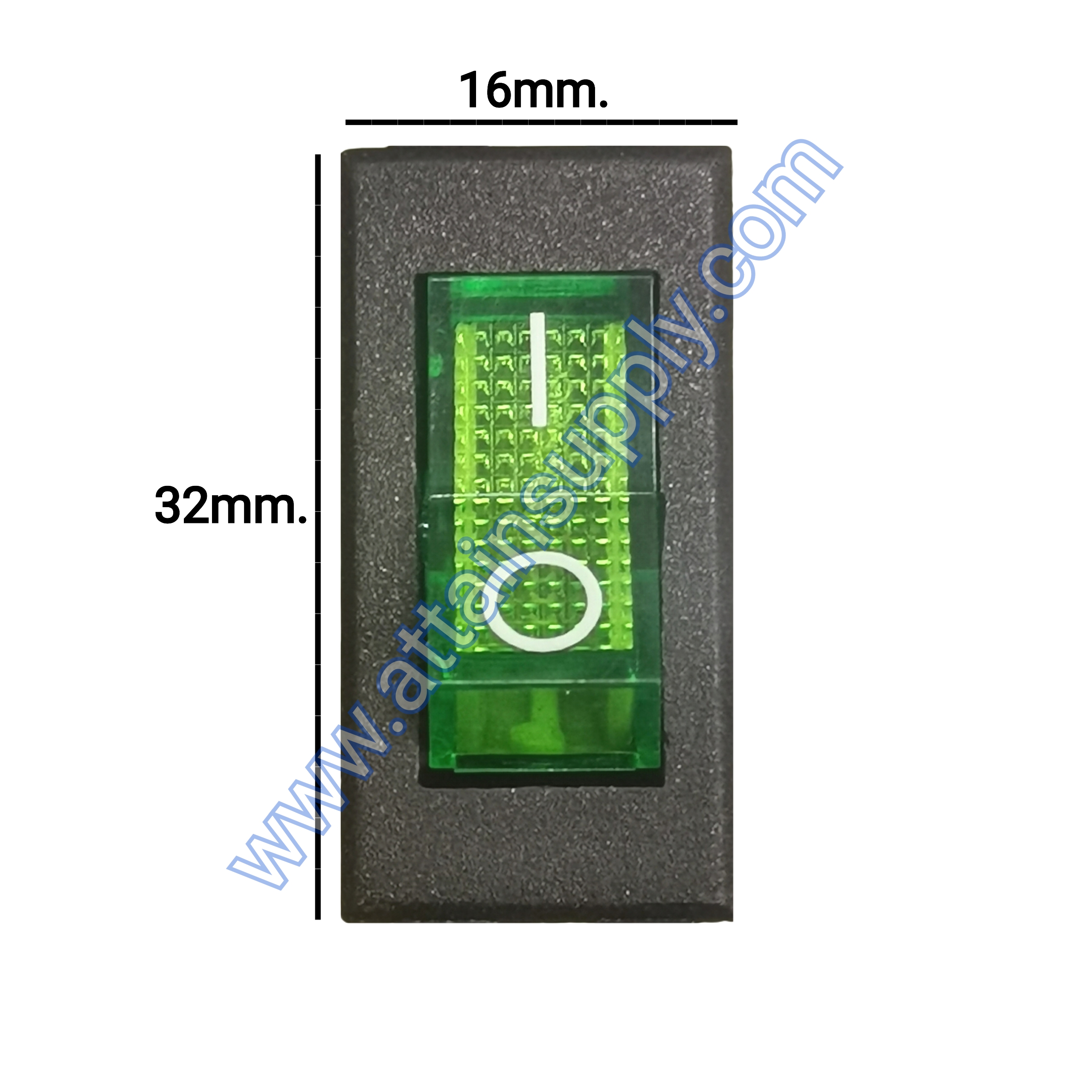 สวิทช์ IO เหลี่ยมบาง 12V./3ขา มีไฟ-สีเขียว