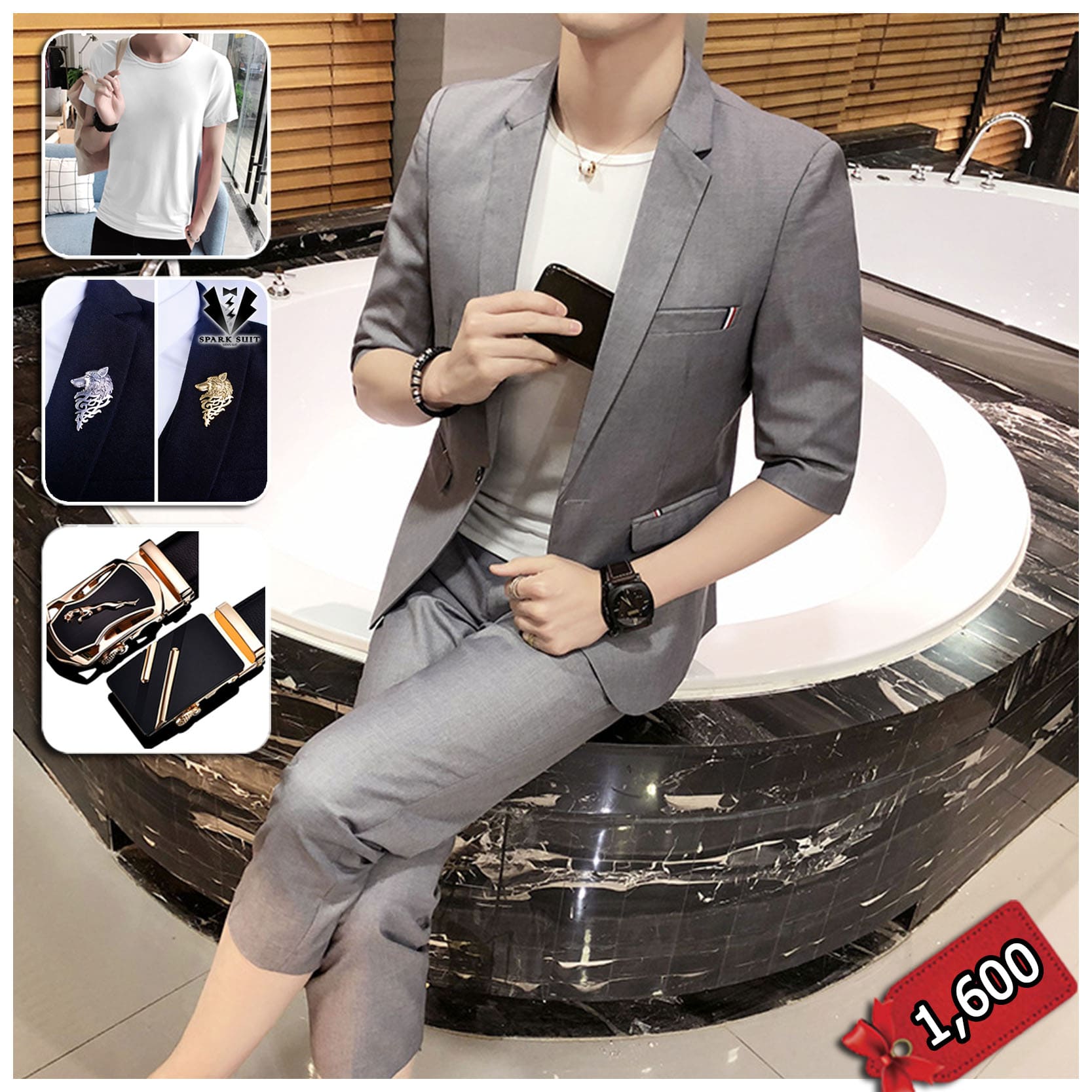 สูท,ชุดสูทชาย กางเกงขากระบอก *สูท+กางเกง เทา SIZE 2XL