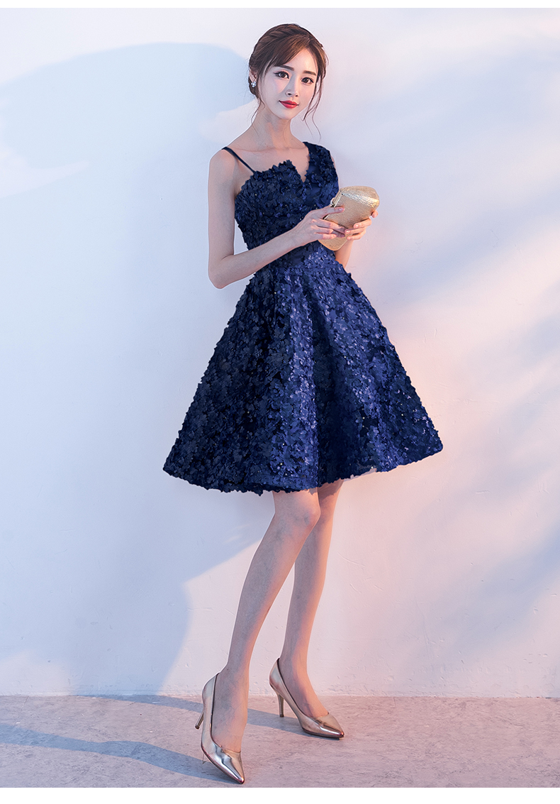 ชุดราตรีสั้น ไหล่เดี่ยว สีกรมท่า(Navy Blue) Size XL ผ้าดอกลอย ซิปหลัง