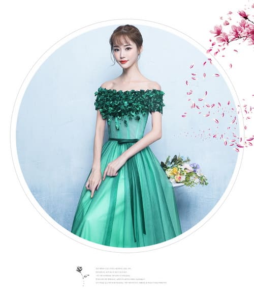 ชุดราตรีสั้น เปิดไหล่ แขนสั้น สีเขียว พร้อมส่ง XL