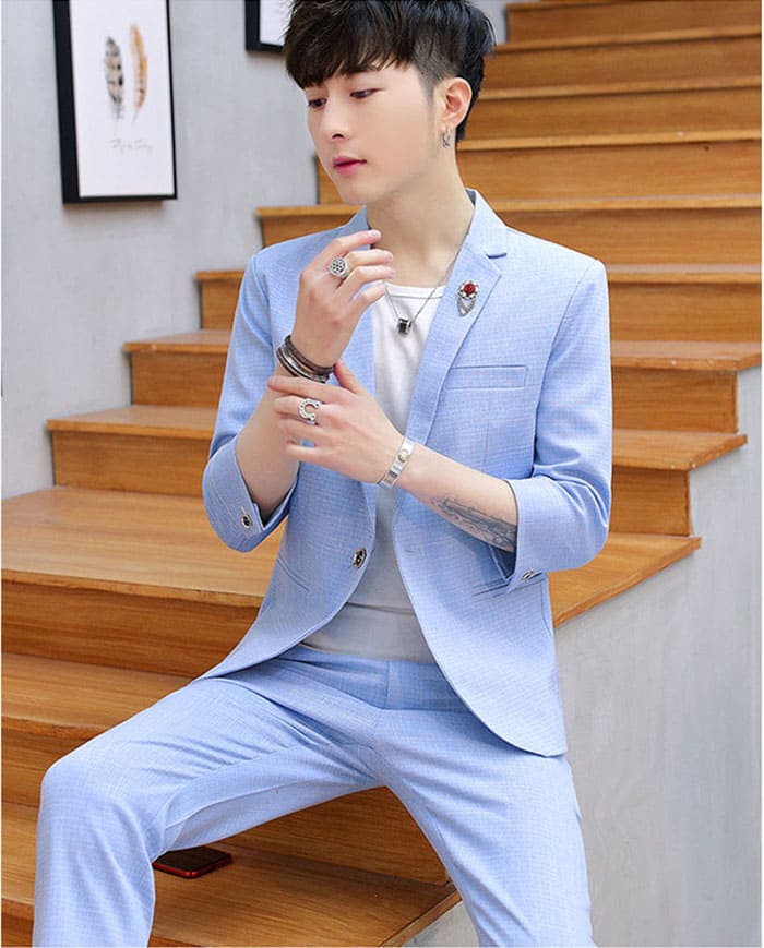 สูท,ชุดสูทชาย แฟชั่น แขนสั้น สีฟ้า M