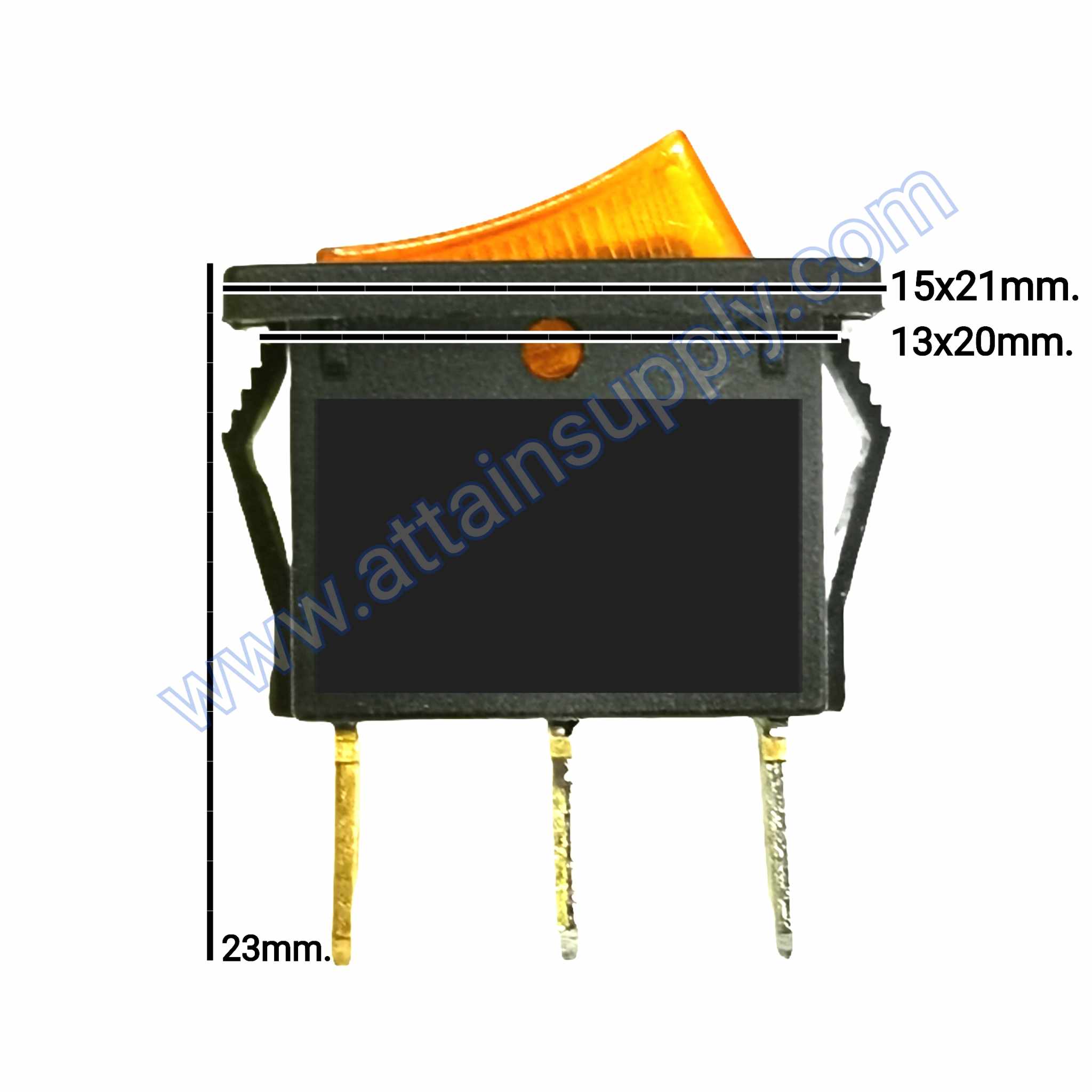 สวิทช์ IO เหลี่ยมเล็ก-หน้ามน 220V./3ขา มีไฟ-สีเหลือง