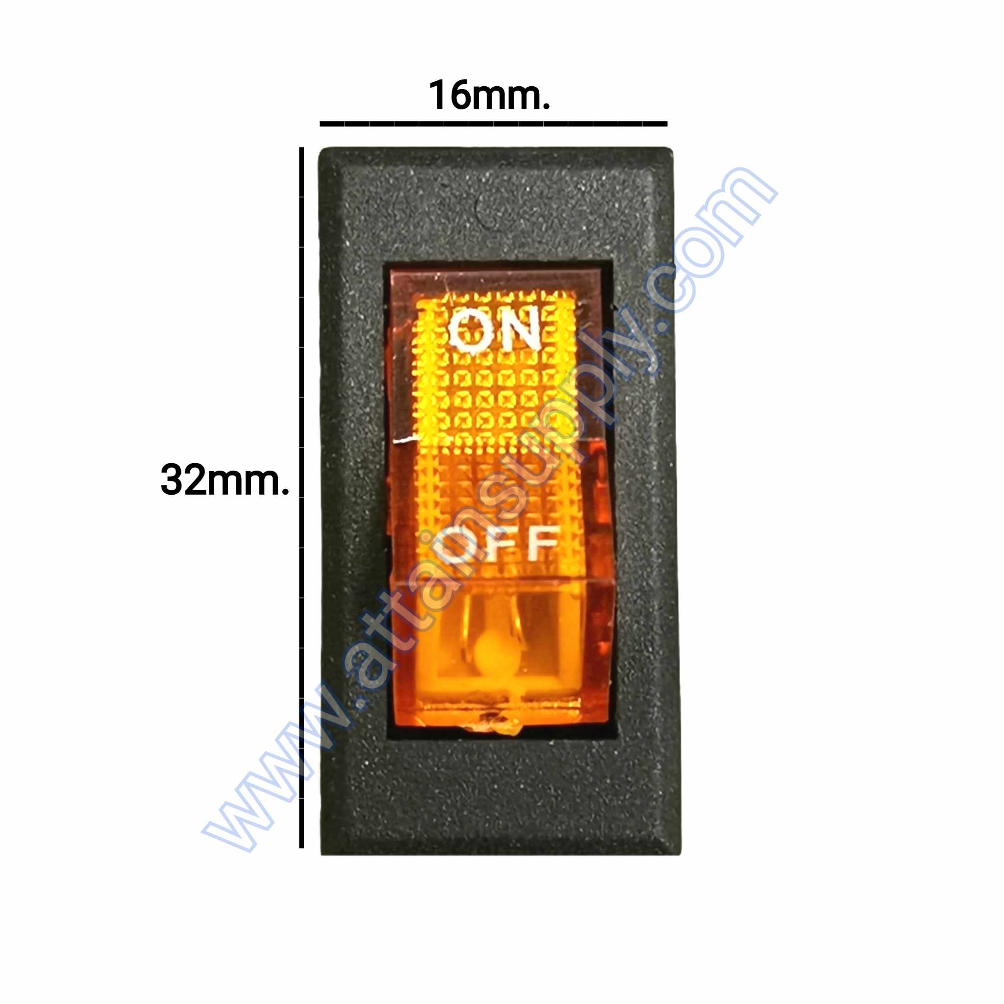 สวิทช์ ON-OFF เหลี่ยมบาง 220V./3ขา มีไฟ-สีเหลือง (หน้ากระดกตัดเหลี่ยม)