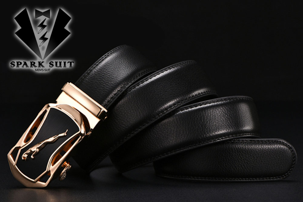 เข็มขัดหนังแท้สีดำ สีจากัวร์-สีทอง