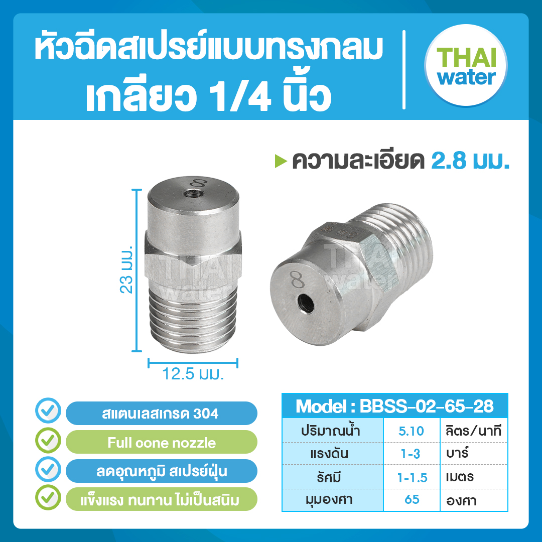 04-BBSS-02-6528 หัวฉีดสเปรย์แบบทรงกลม สแตนเลส เกรด 304 เกลียว 1/4 '' 2.8 มม. 65 องศา Full cone nozzle