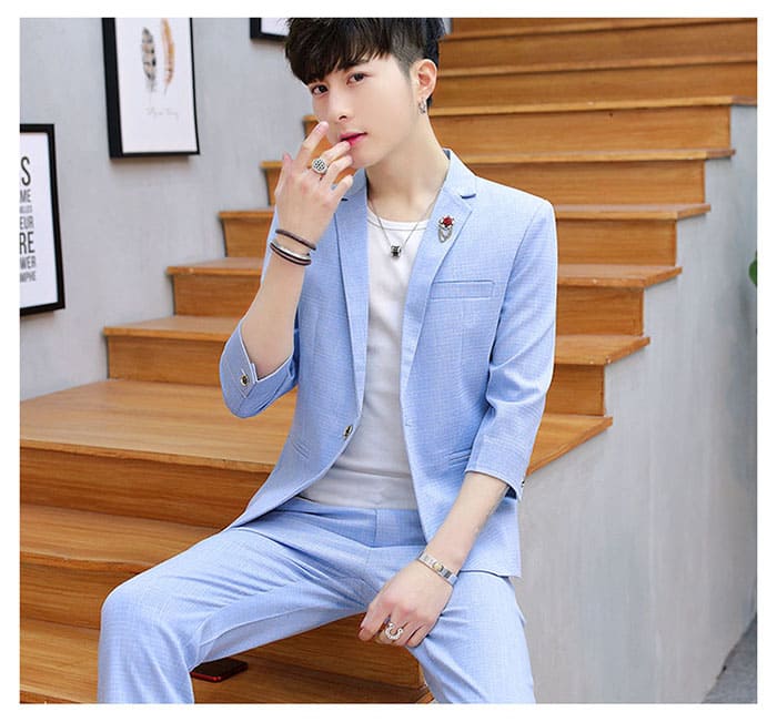 สูท,ชุดสูทชาย แฟชั่น แขนสั้น สีฟ้า M