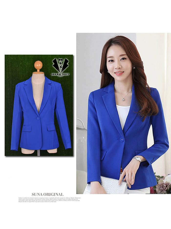 สูทผู้หญิง ผ้าฮานาโกะ มีน้ำหนัก กระเป๋าหน้า พร้อมส่ง สีน้ำเงิน 2XL *แถมเข็มกลัด