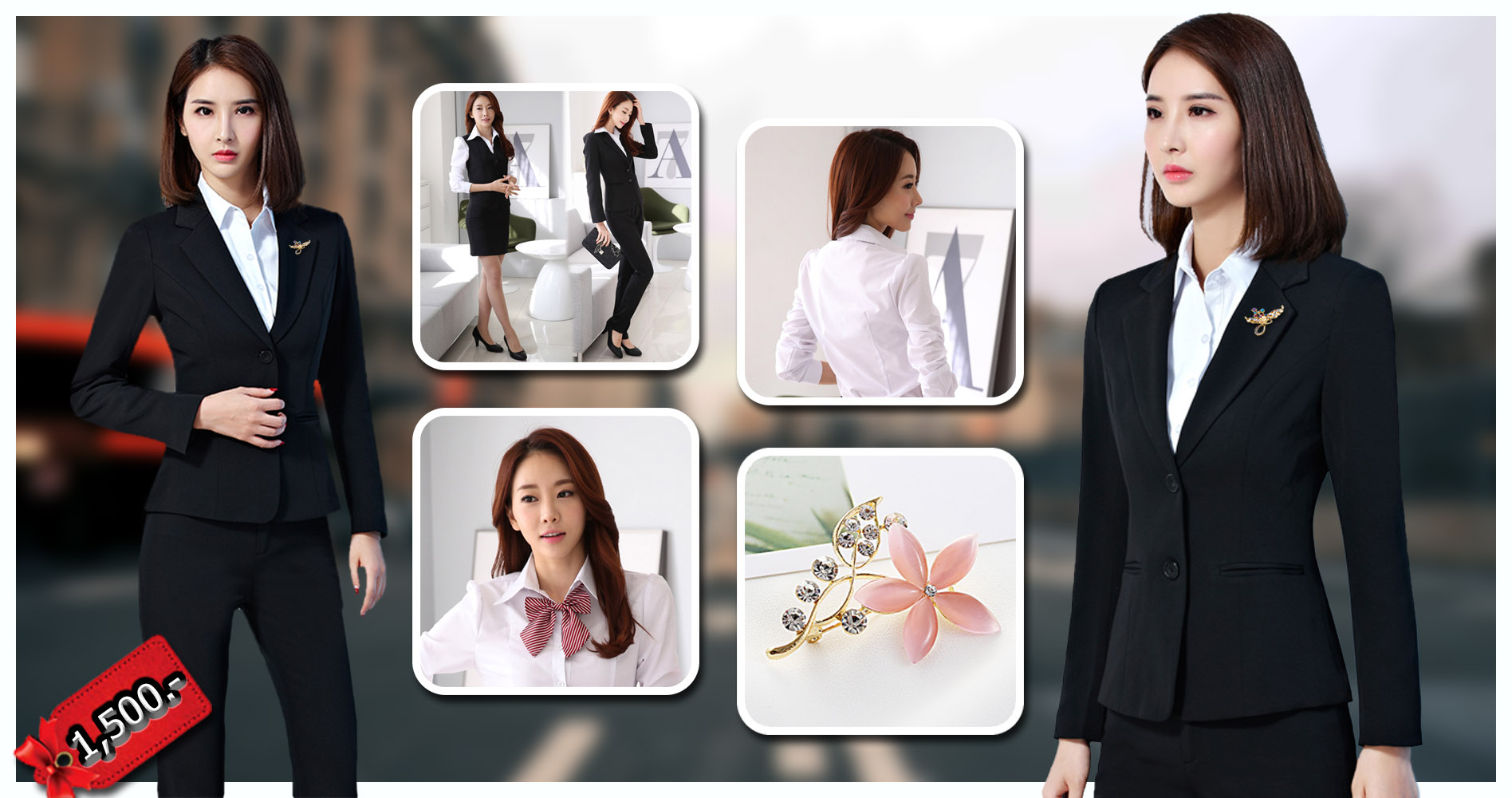 ชุดสูทผู้หญิง สีดำ ผ้าฮานาโกะ สูท+กางเกง Size L